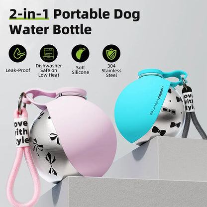 HydraPaw 2-in-1 Stainless Steel Pet Water Bottle Bowl | Portable Leak-Proof Dog Travel Kettle