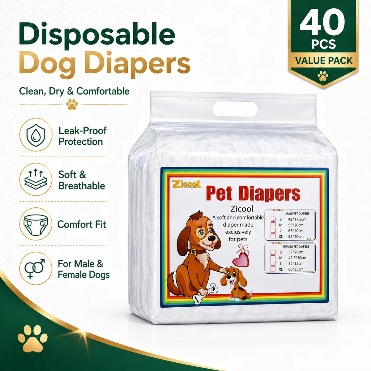 Disposable Dog Diapers – 40 Pack 🐶💧
