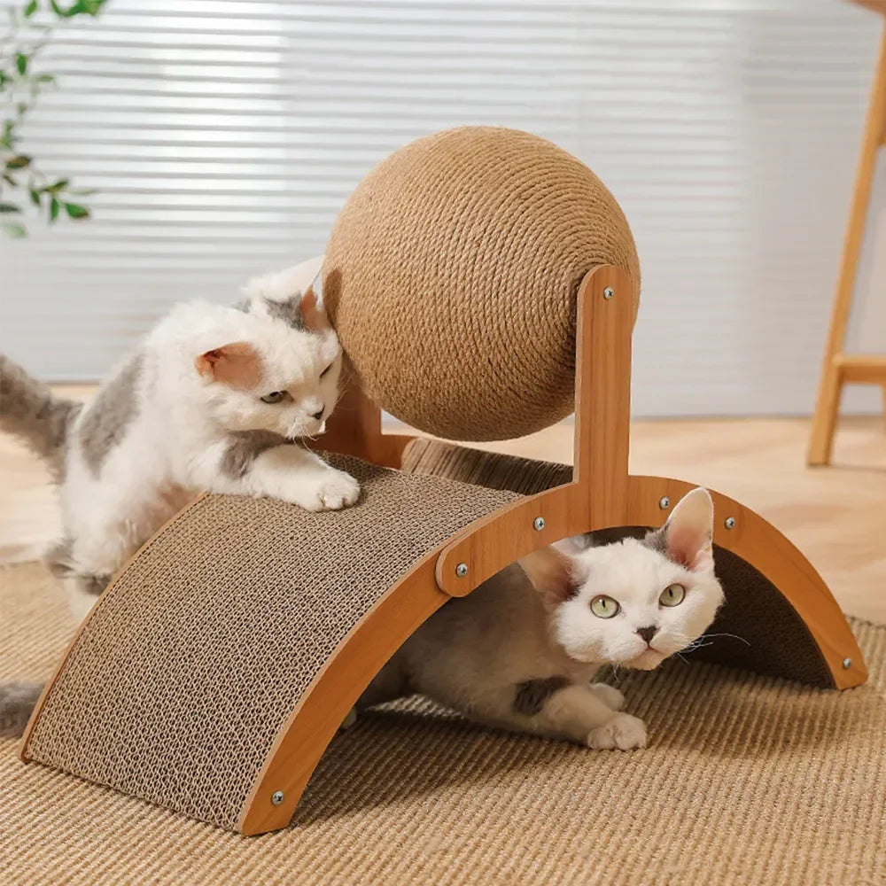 2-in-1 Cat Scratching Ball & Sisal Scratcher - Solid Wood Paw Grinding Toy for Cats