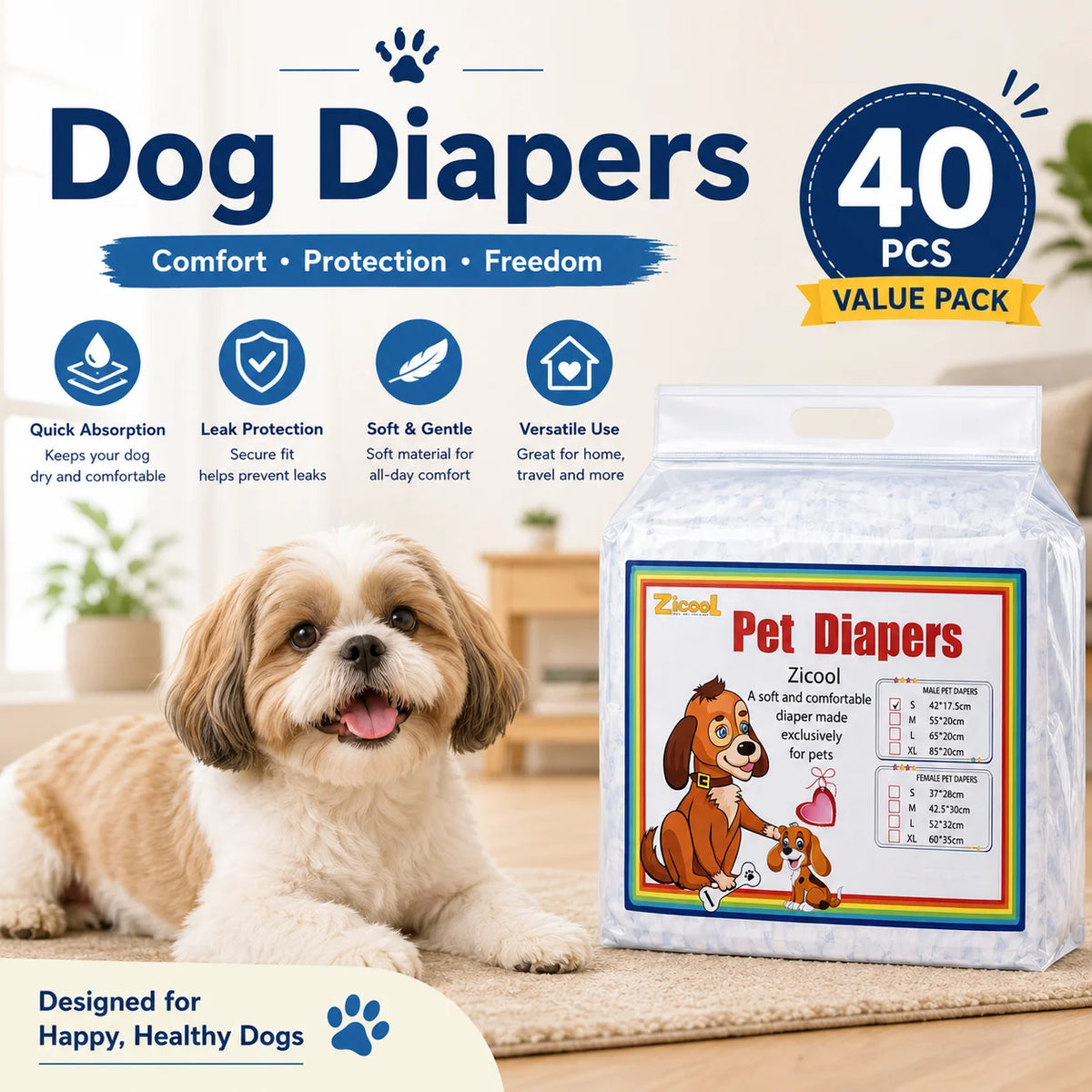 Disposable Dog Diapers – 40 Pack 🐶💧