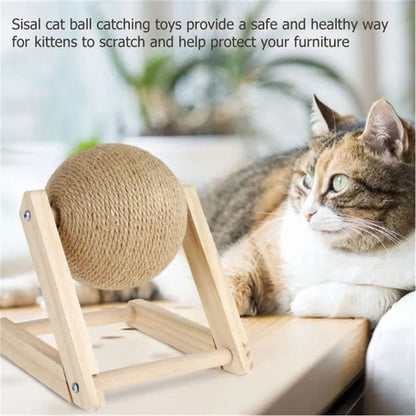 Cat Scratching Ball Toy with 360° Spinning Ball & Sturdy Wood Base